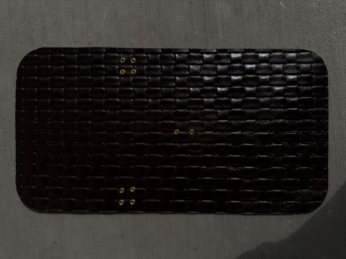 A6 Pocket Woven Espresso leather journal exterior with gold grommets